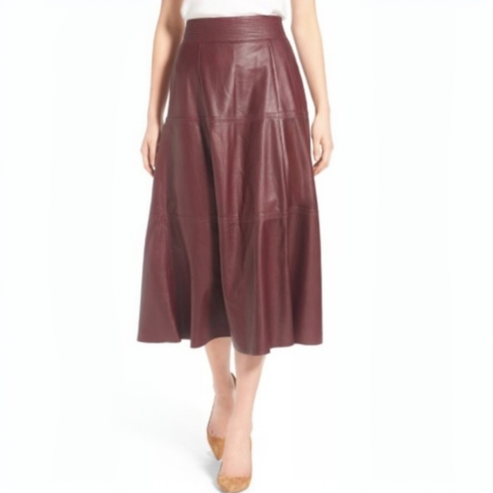 Olivia Palermo X Chelsea28 Burgundy Leather Midi Skirt Xs Paneled